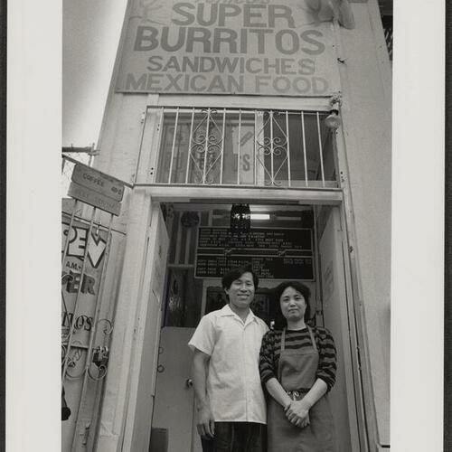 Owners Goo and Young Byun in front of their burrito palace Super Burrito at 35 Mason Street