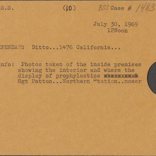 Envelope for Bureau of Special Services (BSS) Case 1483, Ditto, 1476 California Street