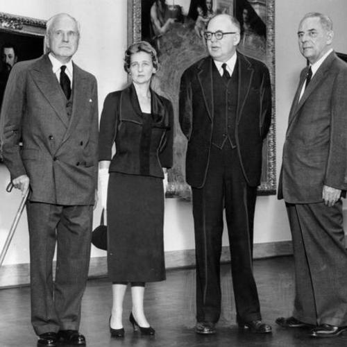 [Rush H. Kress, Mrs. Kress, Huntington Cairns, and Walter Heil during opening ceremonies of a priceless art collection donated to the De Young Museum by the Samuel H. Kress Foundation.]