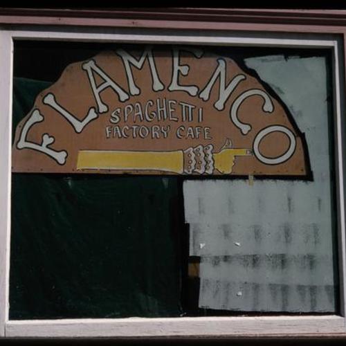 Flamenco Spaghetti Factory Café sign in window