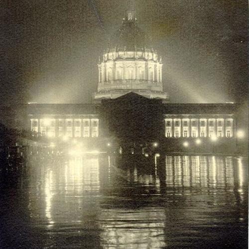 [City Hall at night during a rain storm]