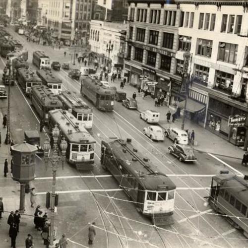 [Streetcar congestion on Market at 1st Street]