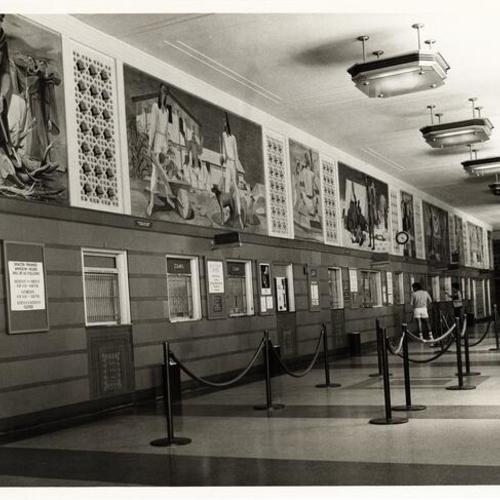 [View of the lobby with murals representing San Francisco early years by artist Anton Refregier at the Rincon Annex Post Office]