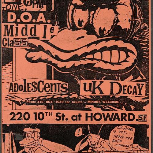 DOA, Middle Class, Adole$cents, and UK Decay at 220 10th St. at Howard, 1981