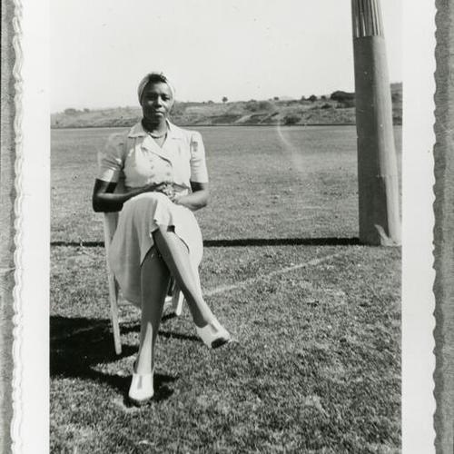 [Etta at the picnic grounds, Hans Park, San Francisco, 1940, before the cricket game]