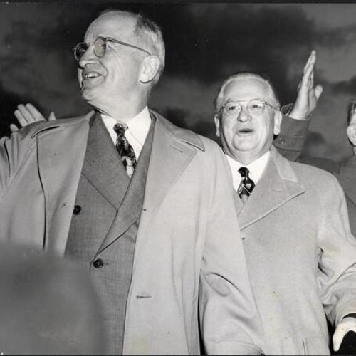 [President Truman with Mayor Elmer Robinson and Alben Barkley]