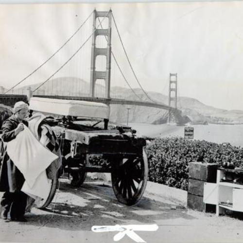 [Blanche Lucille Hale with an antique horse-drawn wagon in which she attempted to cross the Golden Gate Bridge]