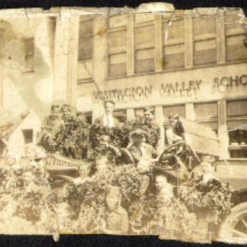 [Group of school kids posing in front of Visitacion Valley school]