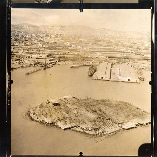 [Aerial view of "burned off" Mission Rock before rebuilding]