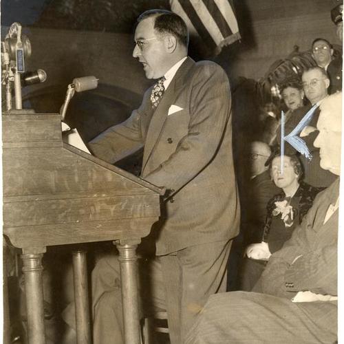 [District Attorney Edmund G. Brown, giving his inaugural address just after he took the oath of office]