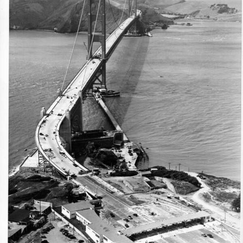 [Aerial view of Golden Gate Bridge deck under construction]