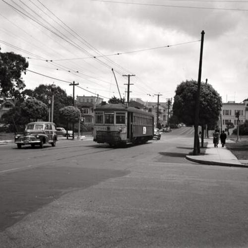 [Balboa and Fourteenth avenues looking east at inbound #31 line car 971 crossing Park Presidio boulevard]
