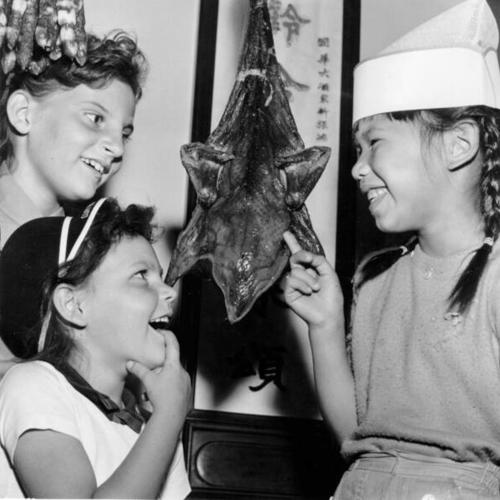 [Hedy Wong pointing to a Pekin duck for Marsha and Vickie Bickford]