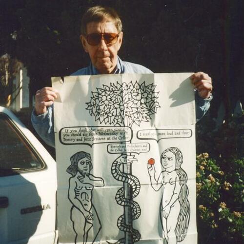 [Sonny Nelson, owner of The Cellar, with Cellar poster]
