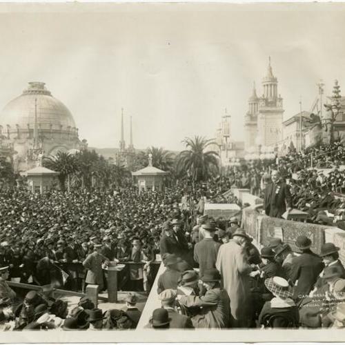 [Mayor James Rolph speaking during opening day ceremonies at the Panama-Pacific International Exposition]