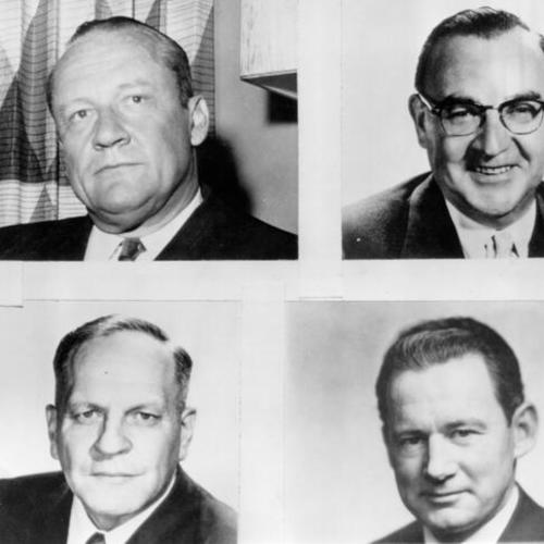 [William F. Knowland (top left) running against Edmund G. Brown (top right), GOP Gov. Goodwin J. Knight (bottom left) battles Rep. Clair Engle (bottom right) for Knowland's senate seat]