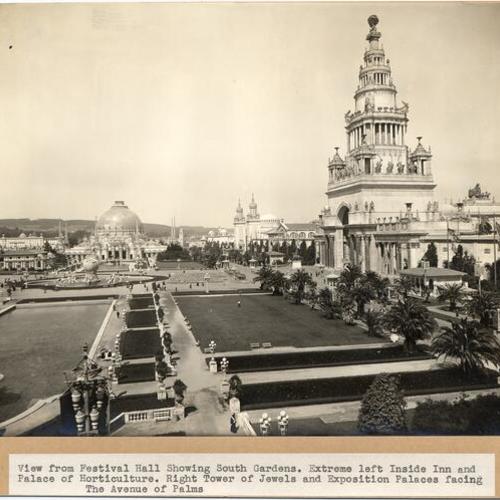 View from Festival Hall showing South Gardens. Extreme left Inside Inn and Palace of Horticulture. Right Tower of Jewels and Exposition Palaces facing The Avenue of Palms