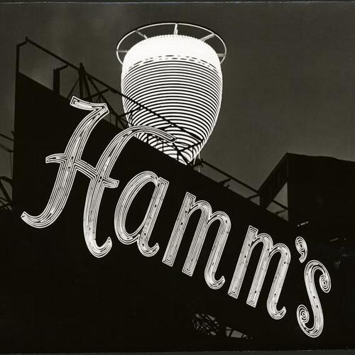 [Giant beer glass sign atop the Hamm's Brewery at 1550 Bryant Street]