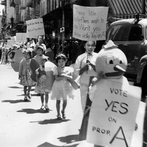 [Children at Commodore Stockton School marching in parade in support of school bond issue on the ballot]