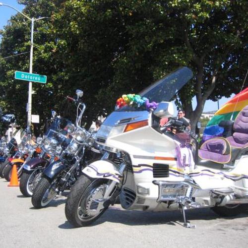 [Motorcycles parked on 18th and Dolores Streets for Pink Saturday Dyke March in 2006]