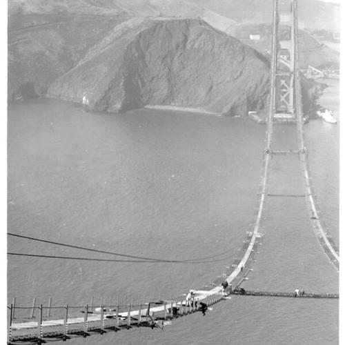 [Catwalk construction of Golden Gate Bridge]