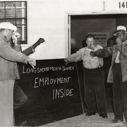 [Longshoremen picketing the Port of Embarkation employment office at Bay and Laguna streets]