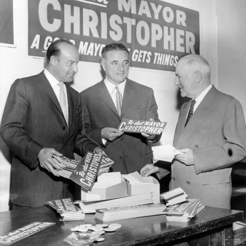 [Mayor George Christopher initiating his campaign for re-election with Joseph Alioto and Walter Haas]