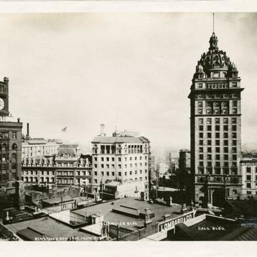 [View of "Newspaper Row," from Post Street, showing Chronicle Building on left, Examiner Building in center and Call Building on right]