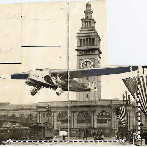 [View of Ferry Building with photo of airplane superimposed on it]