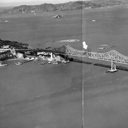 [Panoramic view of cantilever section of Bay Bridge detailing final construction area]