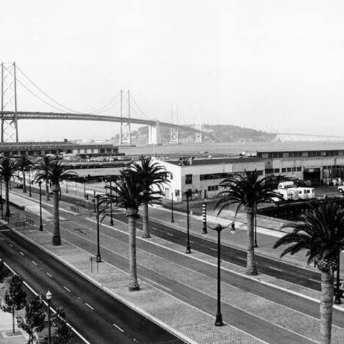 [View of palm trees along the Embarcadero Roadway with a view of the Bay Bridge in the background]