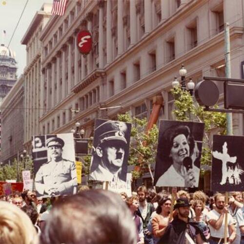 [San Francisco Gay and Lesbian Freedom Day Parade on Market Street with signs of Facists and Anita Bryant]