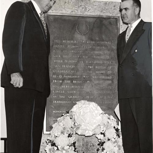 [D. J. Callahan Jr. and J. Joseph Sullivan placing a wreath on the U.S.S. San Francisco memorial at Land's End in San Francisco]