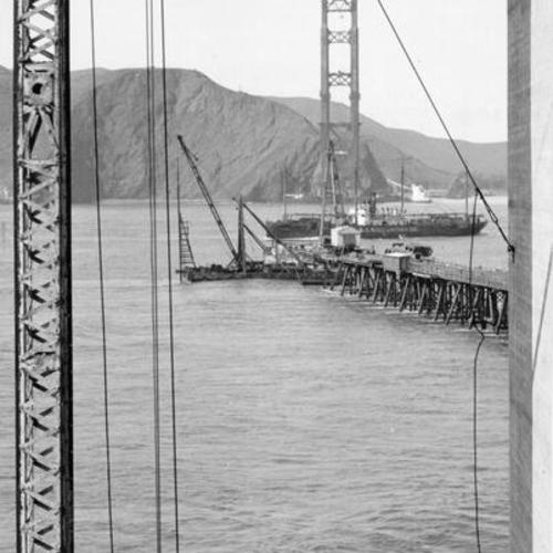 [Golden Gate Bridge trestle bridge, south tower anchorage and north tower as seen from Fort Point]