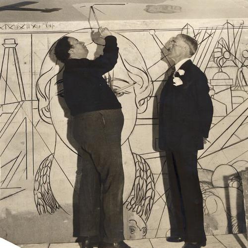 [Mexican artist Diego Rivera at work on the Allegory of California fresco and Ross Ambler Curran]
