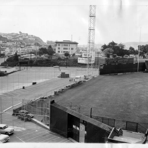 [Construction work being done on a section of Seals Stadium]