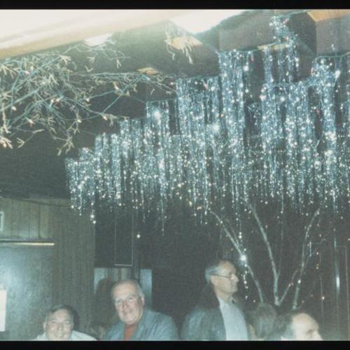 People in bar at holiday party, with tinsel