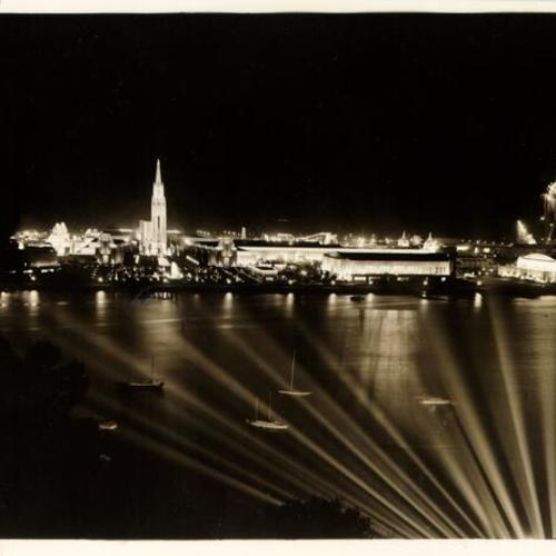 [Night view of Treasure Island during preliminary test of the illumination program for the Golden Gate International Exposition]