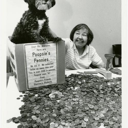 Person counting pennies from Poopsie's donation collecting