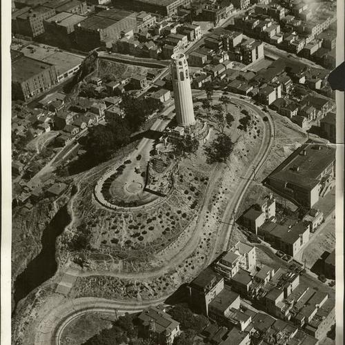 [Aerial view of Coit Tower while under construction]