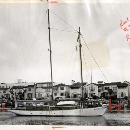 [Jack Markwalder aboard the Te Hongi at Yacht Harbor, Marina District]