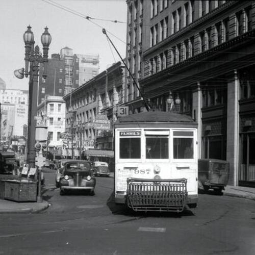 [Mason and Turk streets showing #31 line car 987 turning north onto Mason from Turk]