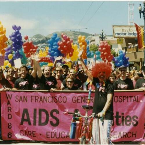[San Francisco General Hospital AIDS Ward staff in Gay Pride Parade on Market Street, 1988]