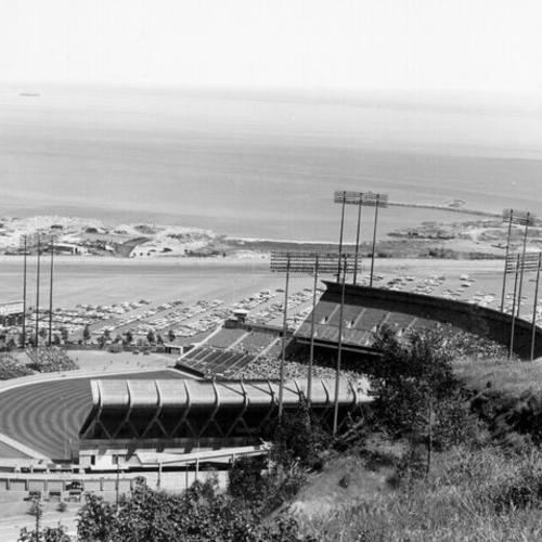[Candlestick Park, showing parking lot and view of Bay]