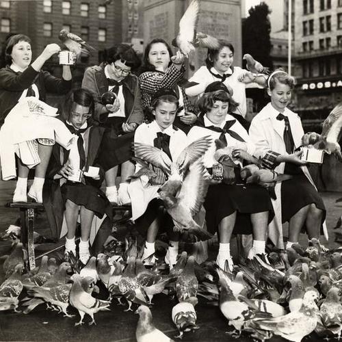 [Blue Birds feed peanuts to pigeons in Union Square with help of Camp Fire Girls and Horizon Club]