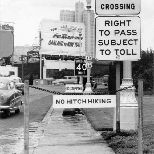 ["No Hitchhiking" sign on approach to the San Francisco-Oakland Bay Bridge]