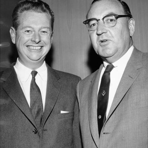 [Governor-elect Edmund G. Brown, right, and retiring State Senator Robert I. McCarthy are all smiles, during an informal dinner]
