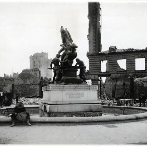 [Donahue Monument, also known as the Mechanics Monument, at the corner of Battery, Bush and Market streets]