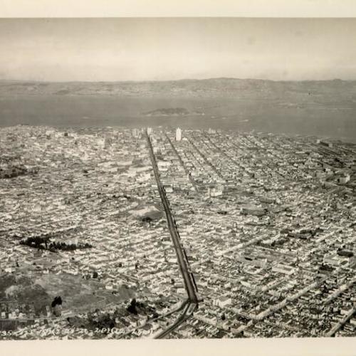 [Aerial view of San Francisco, looking down Market Street from near Twin Peaks]