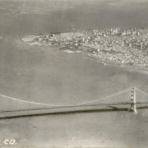 [Aerial view of the entrance to San Francisco Bay with artists rendering of proposed Golden Gate Bridge]